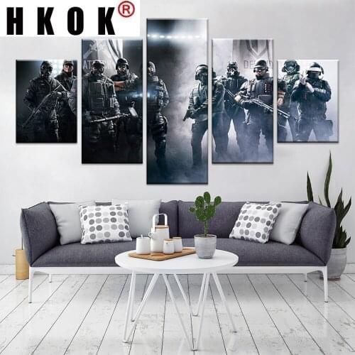 HKOK Print Modular Poster Canvas Painting 5 Panels Rainbow Six Siege Soldiers Wall Art Home Decor Modern Picture For Boy Room