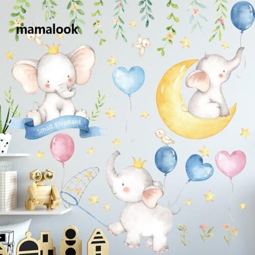 Cartoon Small Elephants Balloon Moon wall stickers paint Style for Living Room Kids Room Wall Decal Baby Nursery Wall Decor Gift