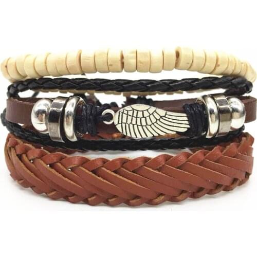 Wing Punk 3 Pcs/set Beads Charm Handmade Woven Men Leather Bracelets Women Vintage Bangle Male Homme Men Jewelry Accessories