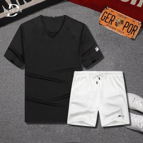 Mens New Sets V-Neck Summer Solid Color T-shirt+Shorts 2 Pieces Suit Men Casual Tracksuit High-quality Jogging Sports Suit Loose