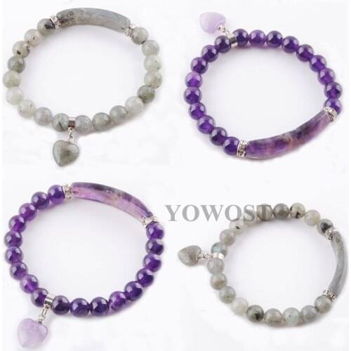 Natural Stone Beads Strand Bracelets & Bangles Heart Shape Silver-color Fitting Women Jewelry Love Gifts QBK333