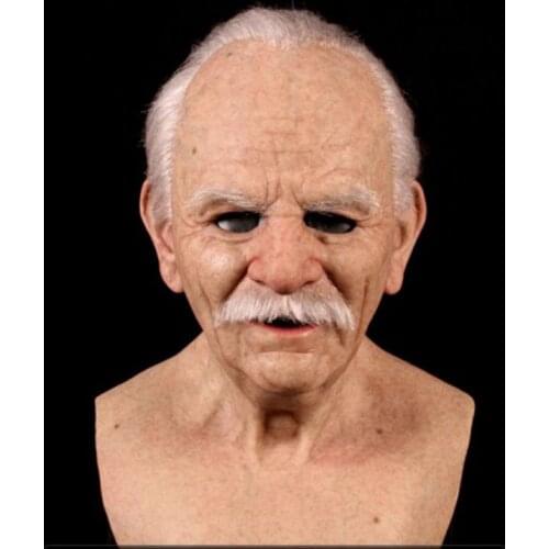 Baldness Old Man Cosplay Headgear Latex Full Mask Head Mask with Neck White Hair Moustache Old People Halloween Cosplay Aceesory