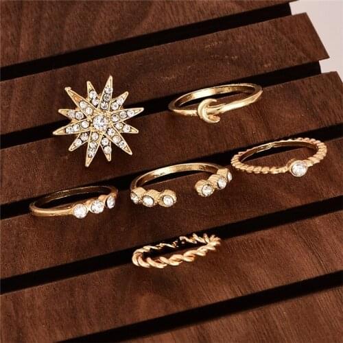Luxury 5pcs/set Midi Ring Set Vintage Full Crystal Star Moon Charm Knuckle Rings for Women Jewelry