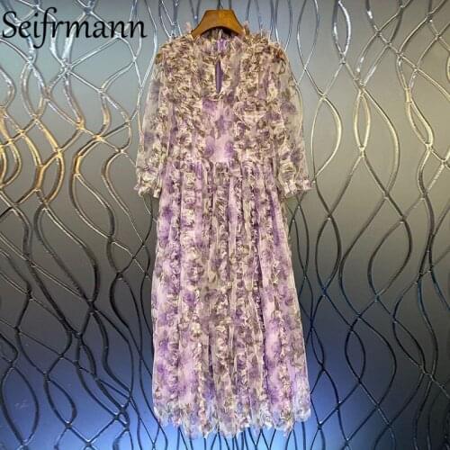 Seifrmann New 2021 Summer Women Fashion Designer Party Long Dress Lantern Sleeve Gorgeous Ruffles Floral Print Dresses Vestidos