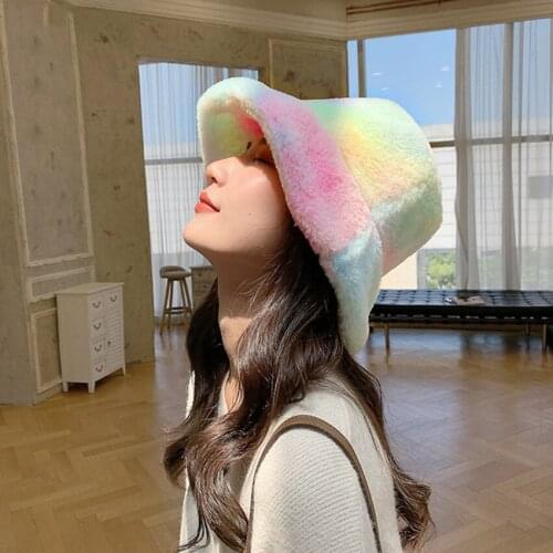 Women Hat Colorful Print Fur Warm Female Cap Faux Fur Winter Bucket Hat for Women Outdoor Korean Fashion Hat Panama Lady Cap