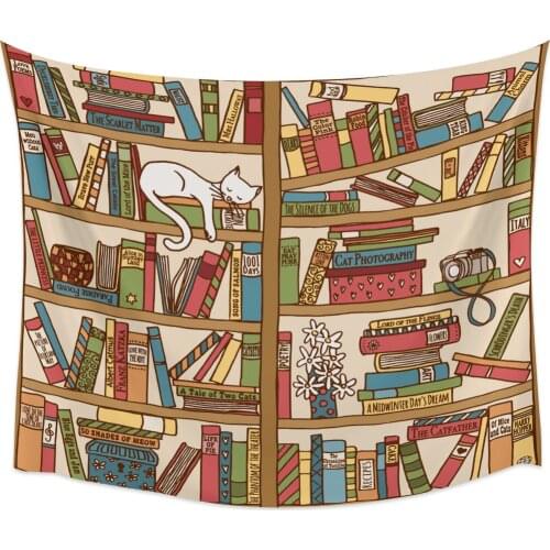 Modern Cartoon Bookshelf Sleeping Cat Tapestry Wall Hanging Picnic Yoga Mat Bedroom Living Room Wall Decoration