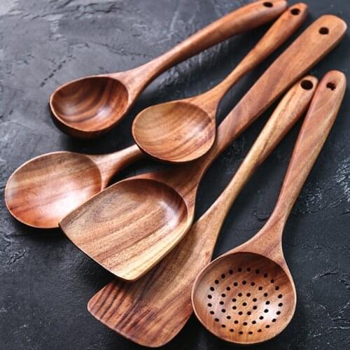 Thailand Teak Natural Wood Tableware Spoon Ladle Turner Long Rice Colander Soup Skimmer Cooking Spoons Scoop Kitchen Tool Set