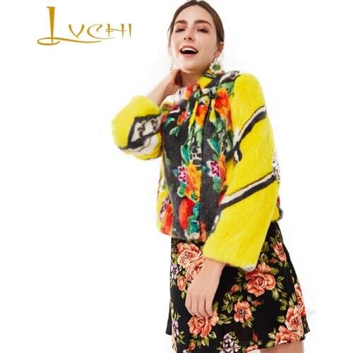 LVCHI Winter 2019 Import Real Mink Fur Coats Gold Print Flower Womens Full Sleeve Print Mandarin Causal Short Slim Mink Coats