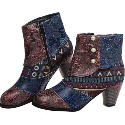 2021 New Winter Block Heel Ankle Booties,Womens Bohemian Splicing Pattern Side Zipper High Block Heel Ankle Leather Boots