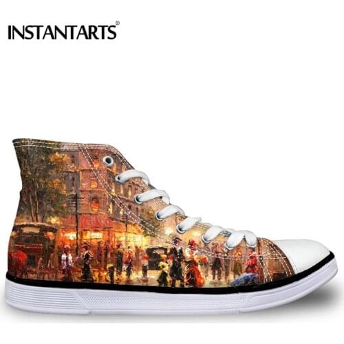 INSTANTARTS Starry Night Flats Shoes Women Fashion High-top Casual Canvas Shoes Classic Vulcanize Shoes Hand-painted Print Flats