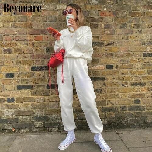 Beyouare Womens Sweatpant Letter Print Cotton Cargo Pant Autumn Loose Casual Jogger Baggy Trousers 2020 Streetwear Solid Pants