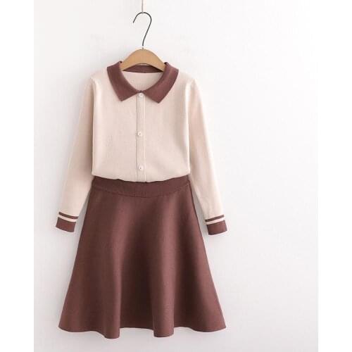 Womens Two Piece Set 2020 Autumn New Fashion Casual Turn-down Collar Knitted Sweaters + Sweet Style Girl Skirt 2 Piece Sets