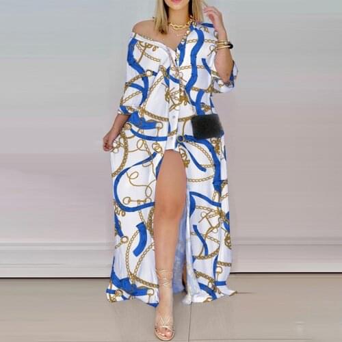 Autumn Women Elegant Print V Neck Button Shirt Long Dress Lady Stripe Loose Long Sleeve Casual Sexy High Slit Party Maxi Dresses