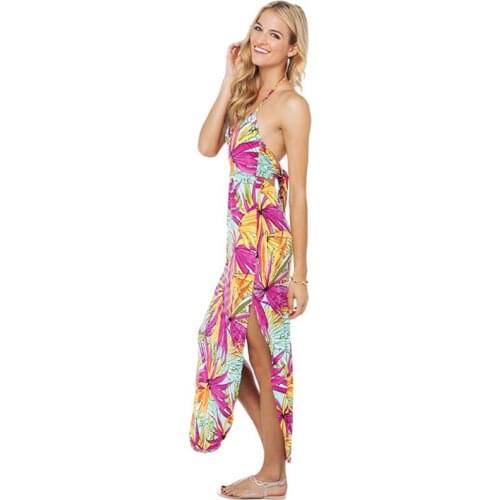 New womens fashion tropical print halter neck tie dress long dress