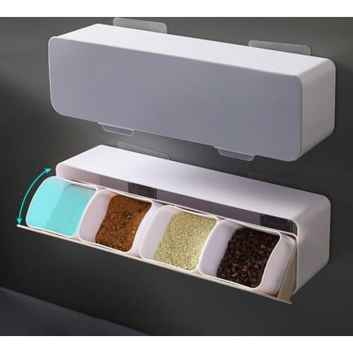 1 Set 400ml 4 in 1 Seasoning Box Wall Mountable ABS Clamshell Design Punch Free Lid Condiment Container Holdet for Home 2 Colors