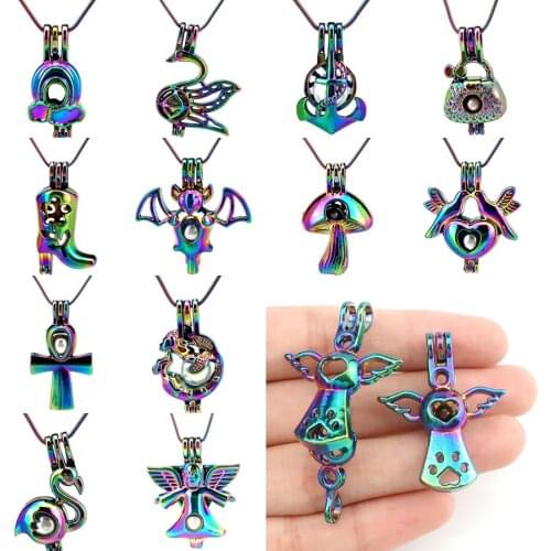 22'' Steel Snake Chains Rainbow Anchor Swan Bird Angel Cross Mermaid Frog Pearl Beads Cage Perfume Locket Pendant Necklace