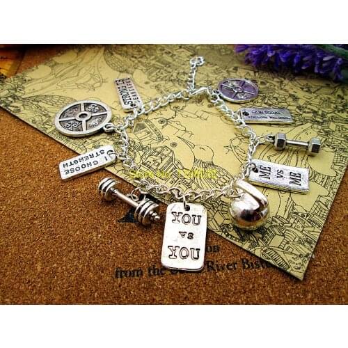 3pcs/lot Hot sale Chain length :17+5cm silver bracelets bangles with kettlebell,barbells,mevsme,youvsyou,strongth charm pendant