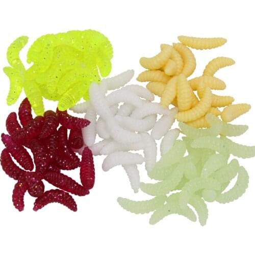 50PCS 2.4cm 0.5g Promotion Caterpillar Bait Maggot Grub Soft Fishing Lure Hooks Smell Worms Glow Shrimps Fish Lures Dropshopping