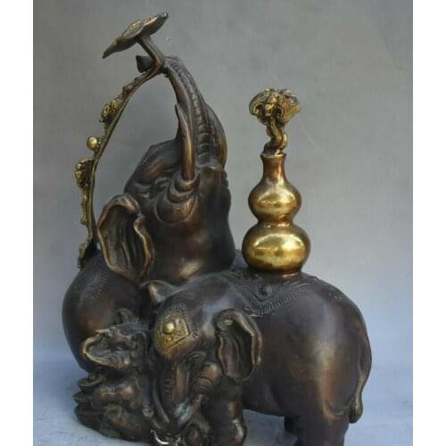 9" Old China Bronze Gilt Ruyi Gourd Bat Auspicious 3 Elephants Animal Statue