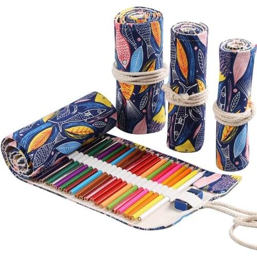 QONE 100 pcs/lot 12/24/36/48 Hole New Fashion Canvas Sketch Holder Roll Up Pen Case Storage Bag Pouch Organizer For Pencils Case