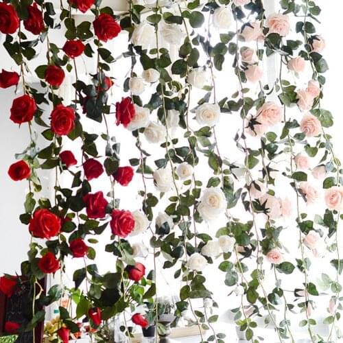 Artificial Decor Rose Silk Flower Garland For Wedding Decoration Dried Vines Home Garden Flower Fake Plant Wall Decals Hanging