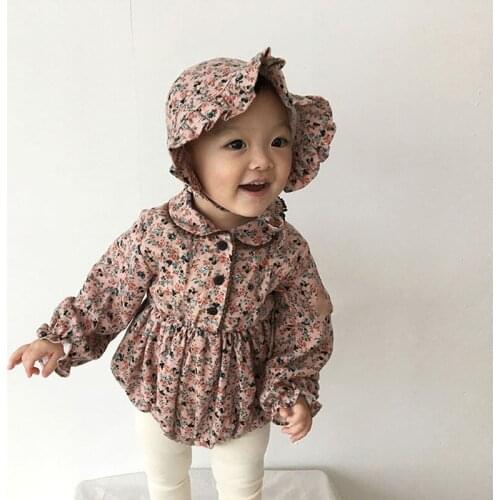 Baby Girls Long Sleeve Small Flowers Print 100% Cotton 2PCS with Hat Rompers Triangle Design Spring Summer Bebi Rompers