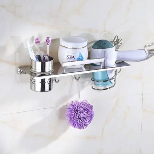 38/48 Cm Multi-function 304 Stainless Steel Bathroom Shelf Wall Mounted Hair Dryer Holder Comb Storage with Hooks Polish Finish