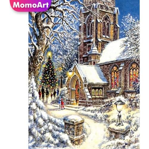 MomoArt Diamond Painting Landscape Cross Stitch Kits House Diamond Embroidery Christmas Tree Rhinestone Winter Mosaic Wall Art