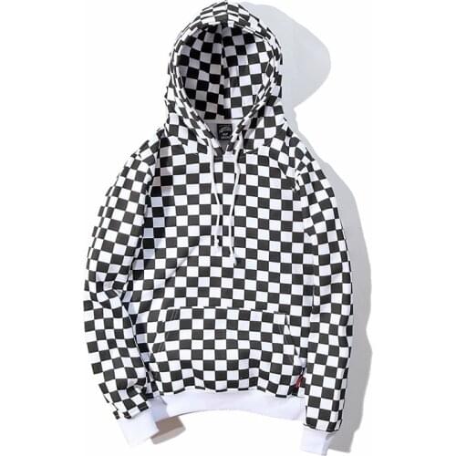 2021 Hip Hop Kpop Black White Plaid Men Pullover Hoodie Sweatshirt Checkerboard Streetwear Couple Oversize Fleece Hooded Hipster