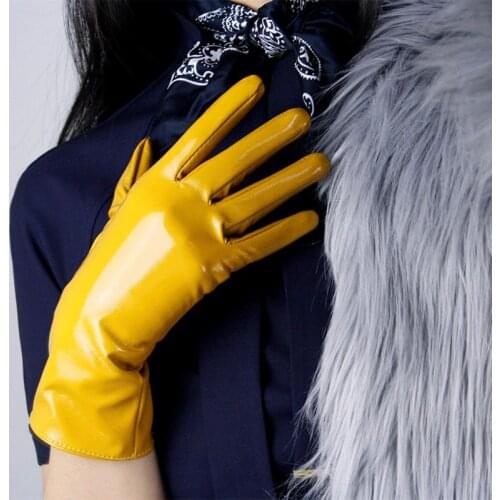Pink Brown Wrist Leather Gloves Faux Sheepskin PU Yellow Blue 11inches/28cm Winter Warm Evening Party Driving Gloves ST356