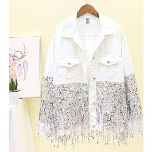 Plus Size Pearl Beading Denim Jackets Women White Wash Long Sleeve Vintage Casual Jean Jacket Bomber Denim Coat