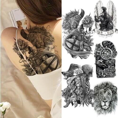 Black Big Knight Back Lion Temporary Tattoos For Women Men Tribal Wings Compass Fake Tattoo Waterproof Body Art Painting Tatoos