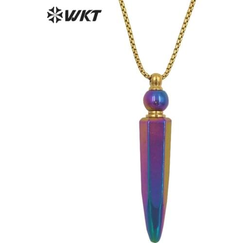 WT-N1281 Wholesale Gold Titanium electroplated rainbow blue crystal quartz perfume bottle necklace for essencial oil