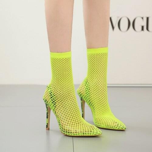 2021 New sexy stretch fabric mesh sock boots transparent PVC pointed toe ankle woman boots shoes thin high heels pumps