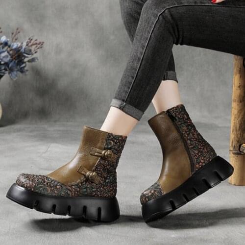 Female Genuine Leather Retro Shoes Women Boots Zip Round Toe Floral 2021 New Autumn Winter Handmade Concise Platform Boots Mujer