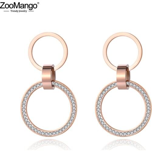 ZooMango Double Circle Titanium Stainless Steel Stud Earrings Rose Gold Handmade Clay White Crystals Jewelry For Women ZE19010