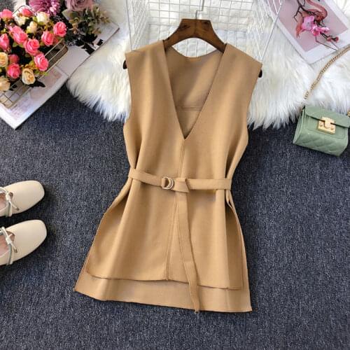 2020 New Korean Fashion Slim Spring Woolen Vest for Women Elegant Striped Belt Sleeveless Outerwear Female Casual Coat Vest A212