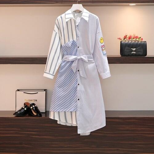New Hit Shirt Dress For Women 2021 Spring Autumn Striped Patchwork Long Sleeves Bow Lace-up Loose Casual Asymmetric Dresses