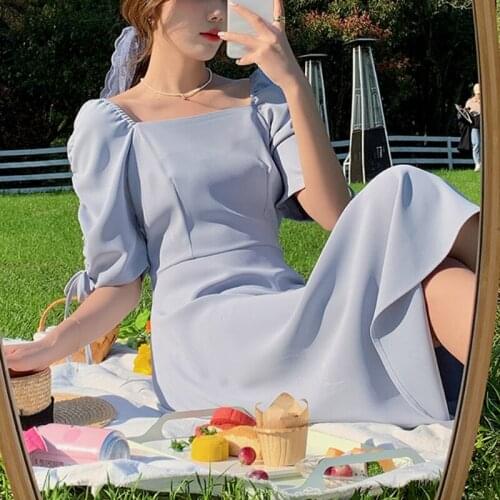 Casual Elegant Pure Collor Dress Female 2021 Summer Vintage Midi Dress Women Puffer Sleeve Evening Party One Piece Dress Korean