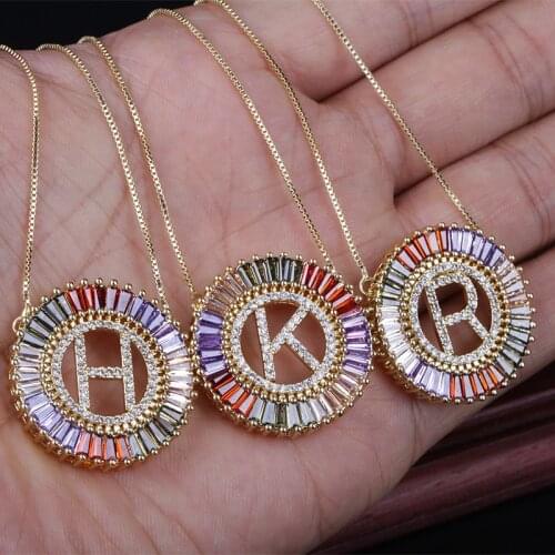 Gold 26 initials alphabet letter A-Z ABC charm micro pave rectangle rainbow cz zircon gold chain choker pendant necklace women
