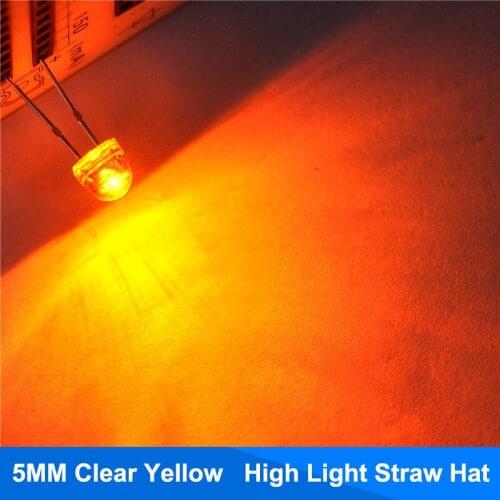 100pcs 5mm Yellow Straw Hat Transparent LED Diode Wide Angle 5 mm Light Emitting Diode Water Clear LED Lamp Electronic Component