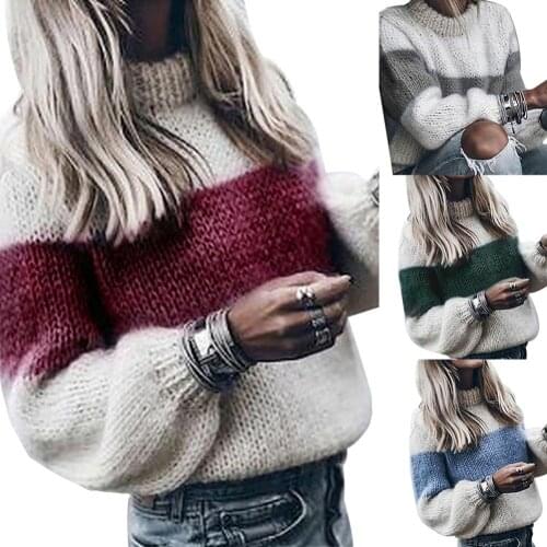 2019 Casual Basic Sweater Women Winter Warm Sweater Contrast color Long Sleeve O Neck Pullover Knitting Sweater Ladies Sweaters