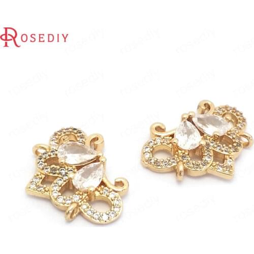 39551)4PCS 15x19MM 24K Gold Color Brass and Zircon Heart Shape Connect Charms Pendants Jewelry Making Supplies Diy Accessories