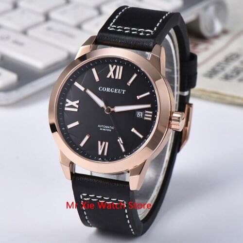 Corgeut 41mm Black Dial Luminous Mens Automatic Mechanical Watch Waterproof Calendar Sapphire Leather Strap Wristwatch Men