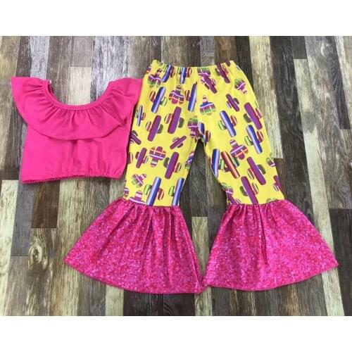 Lovely Kids summer Clothing Baby girl bellybutton rose red lace top cactus sequins bell-bottom trouser set
