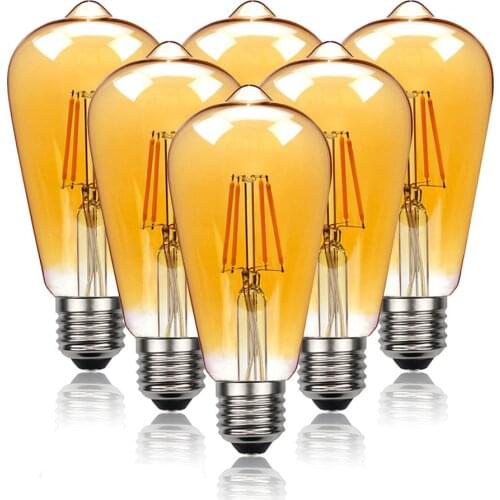 6 Pack ST64 LED Bulb 2700K Vintage Retro Edison Filament Bulb E27 Base AC220V Glass Bulb Amber Clear Color Light Bulbs For Home