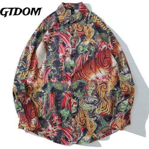 GTDOM Tiger Retro Print Hawaiian Shirt Men Party Beach Vacation Casual Long-sleeved Shirt Tops Streetwear Fashion Harajuku Tops
