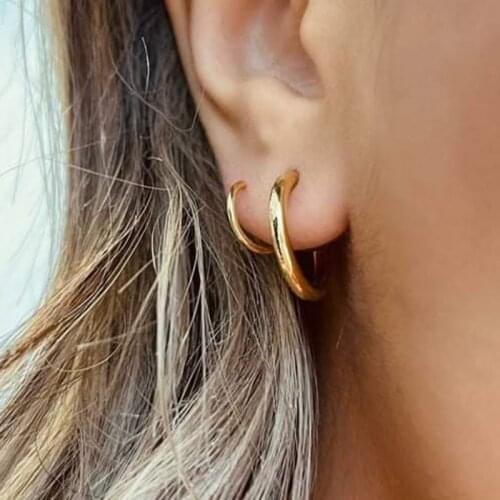 Faux fake double huggie hoop earrings for women stainless steel gold plated spiral loop threader hoops minimalist fashion