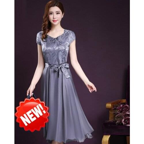 Summer Short Sleeve Elegant Silver Silk Dress Women Jacquard Birthday Slim Girls Formal Long Party Chiffon Dress Big Size 4xl