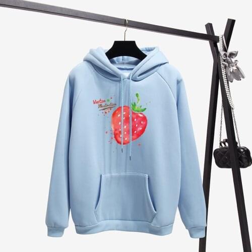 Fashion Strawberry And Cactus Harajuku Hooides Women Blue Pullover Thick Winter Clothes Sweatshirts Fleece Casual Loose Bf Style